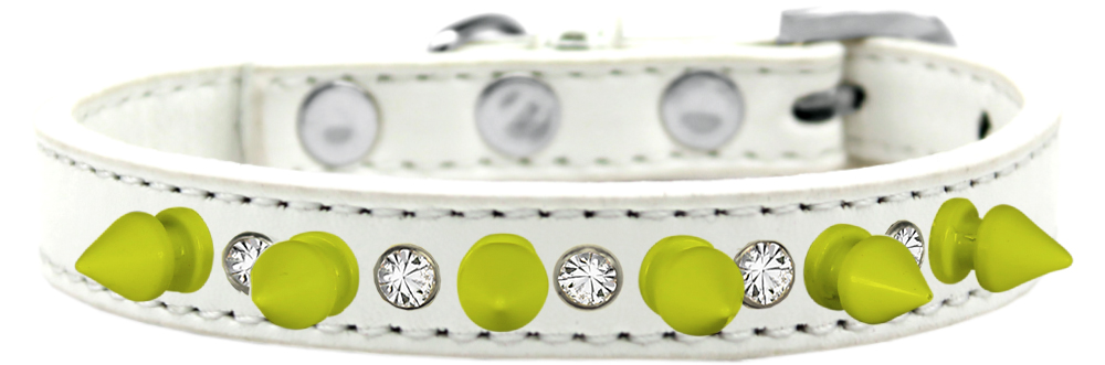 Crystal and Neon Yellow Spikes Dog Collar White Size 10